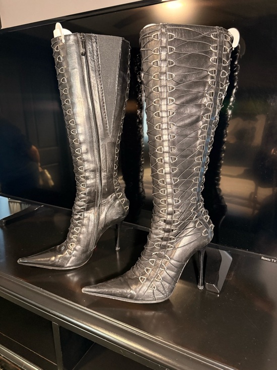 Gianmarco Lorenzi Shoes - Gianmarco Lorenzi Black Lace-Up Pointed Toe Knee-High Stiletto Boots
